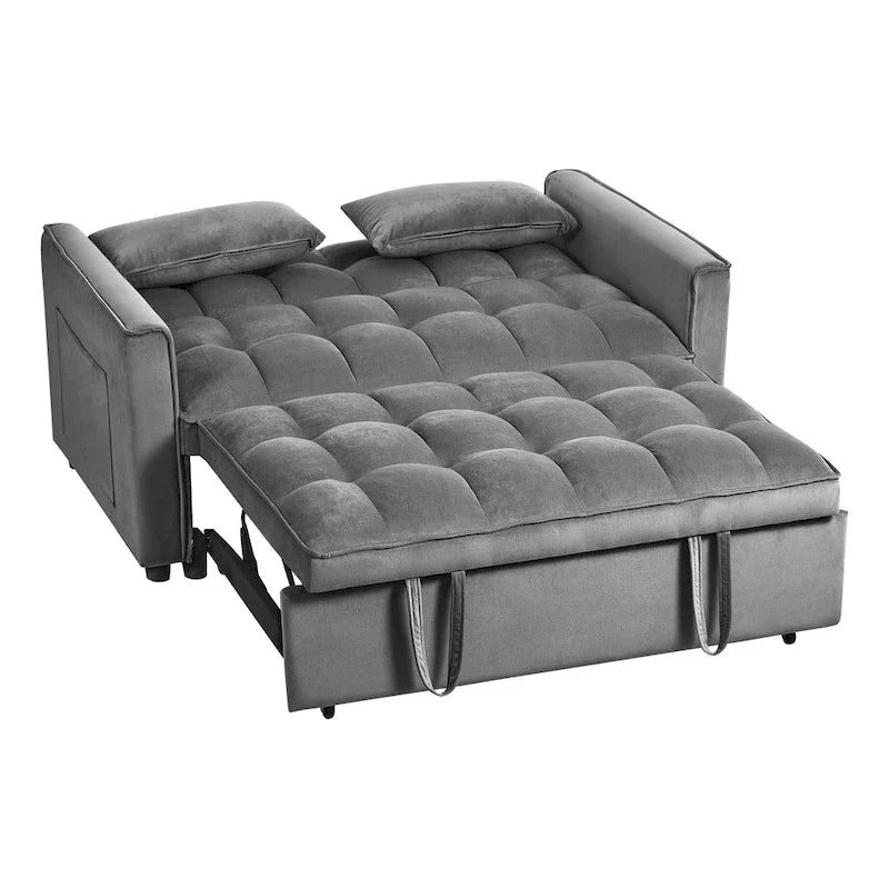 Causeuse futon moderne en velours avec dossier inclinable et poches, 2 places — Gris foncé / Gris clair / Bleu / Noir
