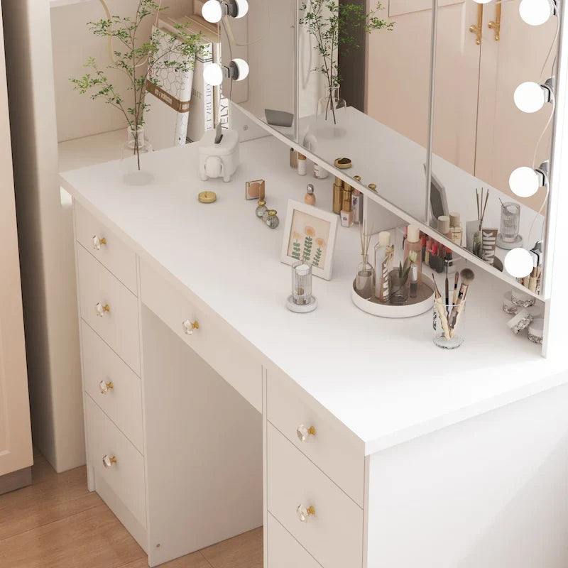 Coiffeuse LED de luxe avec 9 tiroirs, station de maquillage élégante