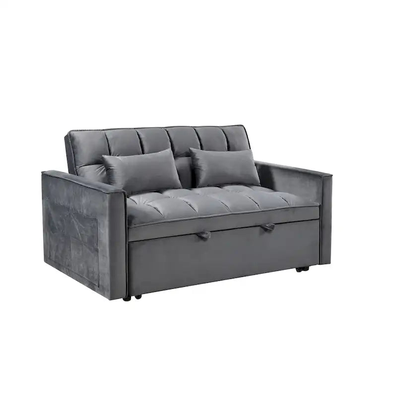 Causeuse futon moderne en velours avec dossier inclinable et poches, 2 places — Gris foncé / Gris clair / Bleu / Noir