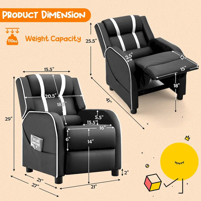 Fauteuil inclinable pour enfants Gymax Canapé ergonomique en cuir avec repose-pieds