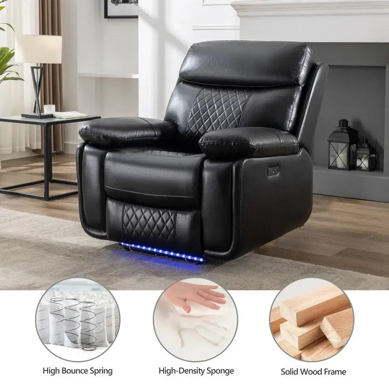 Canapé inclinable électrique avec chargeur sans fil, liseuse, lumière LED pour salon, similicuir, port AC/USB, porte-gobelet, noir
