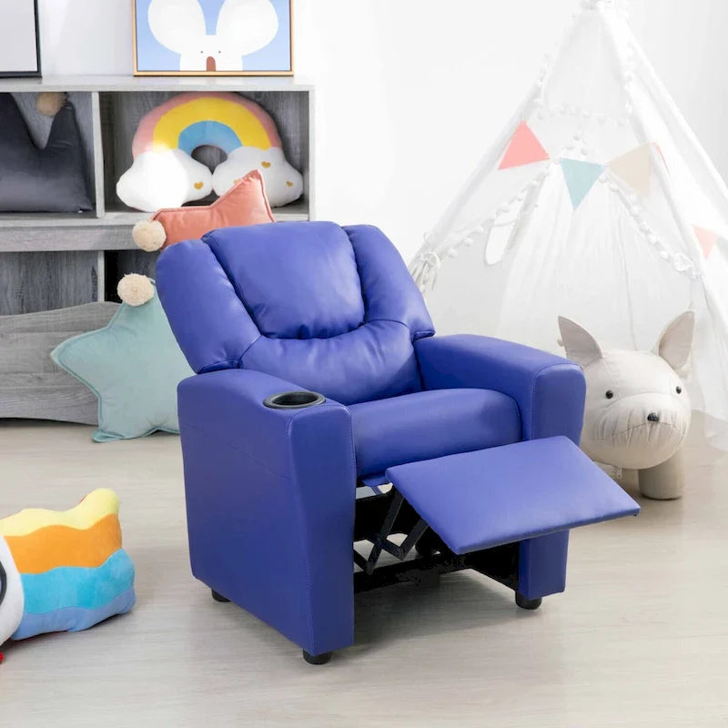 Fauteuil inclinable pour enfants en PVC avec fonction d'inclinaison par poussée, porte-gobelet et repose-pieds confortable