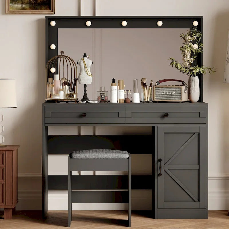 Coiffeuse de ferme Roomfitters avec lumières, coiffeuse avec porte coulissante, table de maquillage à 2 tiroirs avec miroir éclairé