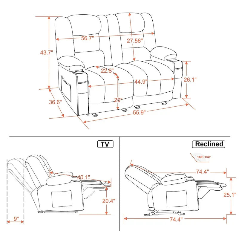 Causeuse inclinable électrique MCombo avec fonction chauffage et massage, en tissu PR648