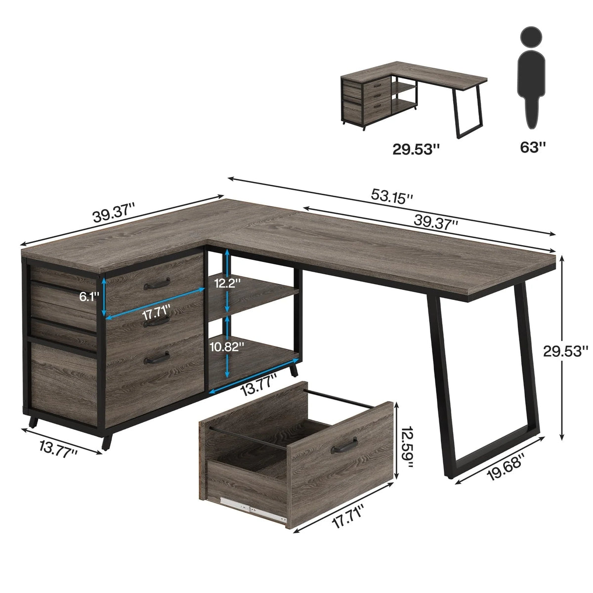 Bureau d'angle en L réversible avec tiroirs de classement, bureau d'ordinateur d'angle