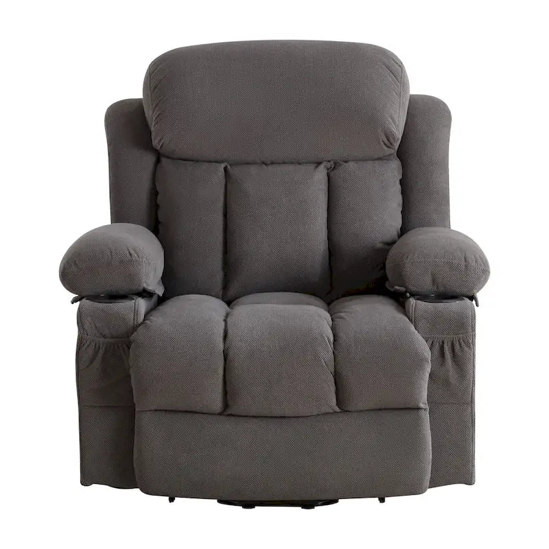 Fauteuil inclinable électrique gris avec massage chauffant, chargement USB, télécommande et poches latérales pratiques pour les personnes âgées