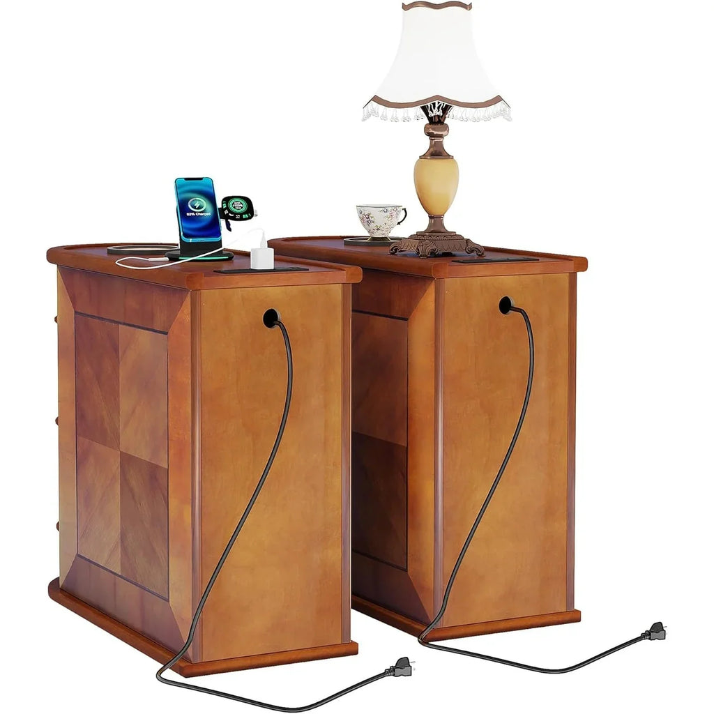 Table d'appoint de chevet en bois massif, table d'appoint étroite à deux tiroirs, fine