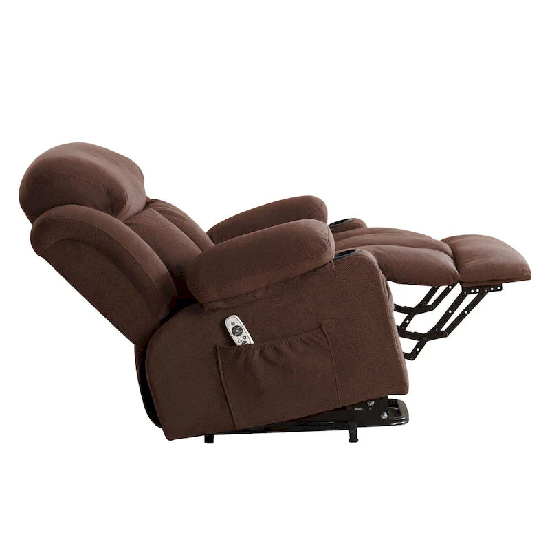 Fauteuil inclinable électrique gris avec massage chauffant, chargement USB, télécommande et poches latérales pratiques pour les personnes âgées