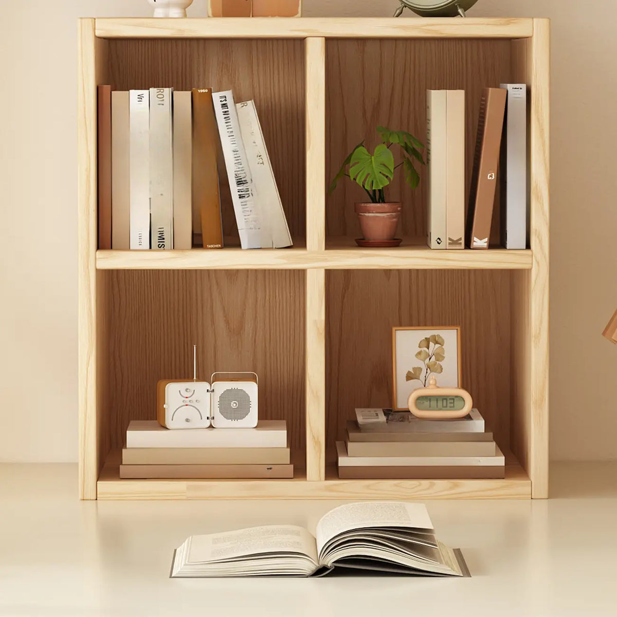 Bibliothèque moderne horizontale en bois à 8 cubes, finition naturelle
