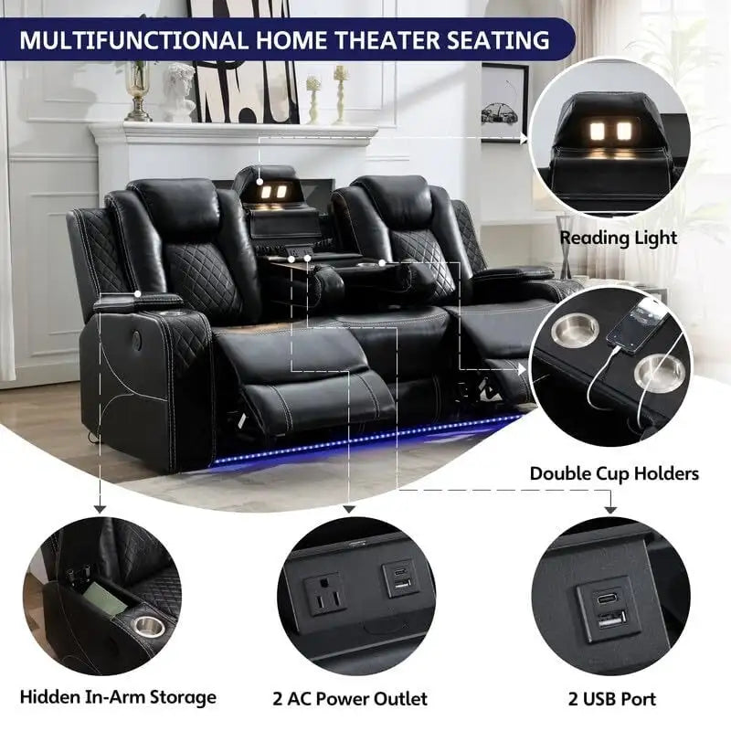 Canapé inclinable électrique avec chargeur sans fil, liseuse pour salon, lumière LED en similicuir, port AC/USB, porte-gobelet, noir