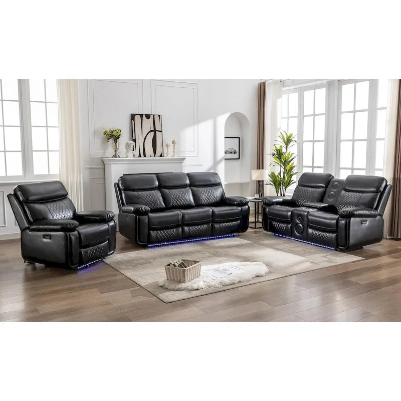 Canapé inclinable électrique avec chargeur sans fil, liseuse, lumière LED pour salon, similicuir, port AC/USB, porte-gobelet, noir