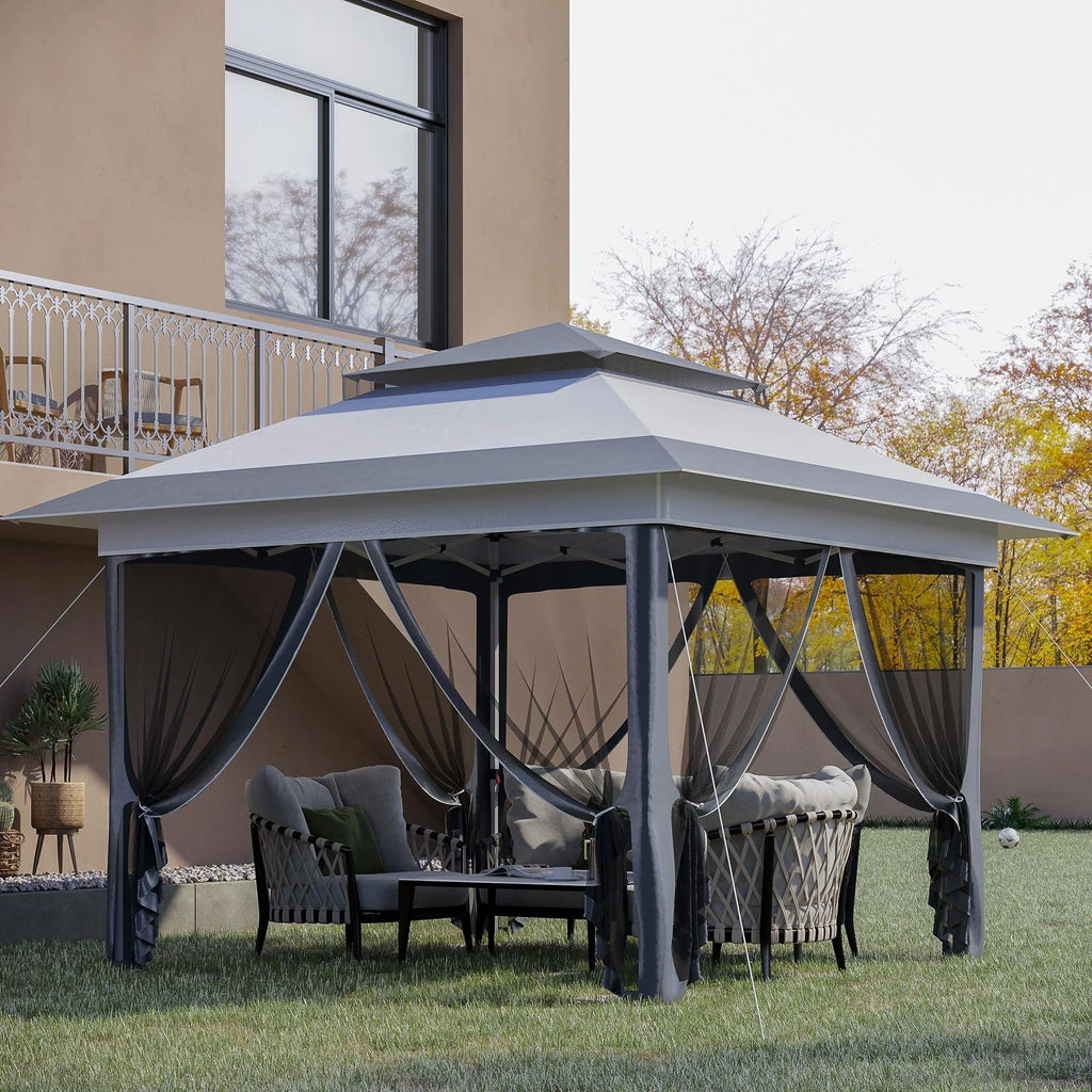 Outsunny 12 x 12 Tonnelle escamotable Pare-soleil Tente instantanée pliable avec filet latéral en maille, Hauteur réglable sur 3 niveaux