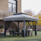 Outsunny 12 x 12 Tonnelle escamotable Pare-soleil Tente instantanée pliable avec filet latéral en maille, Hauteur réglable sur 3 niveaux