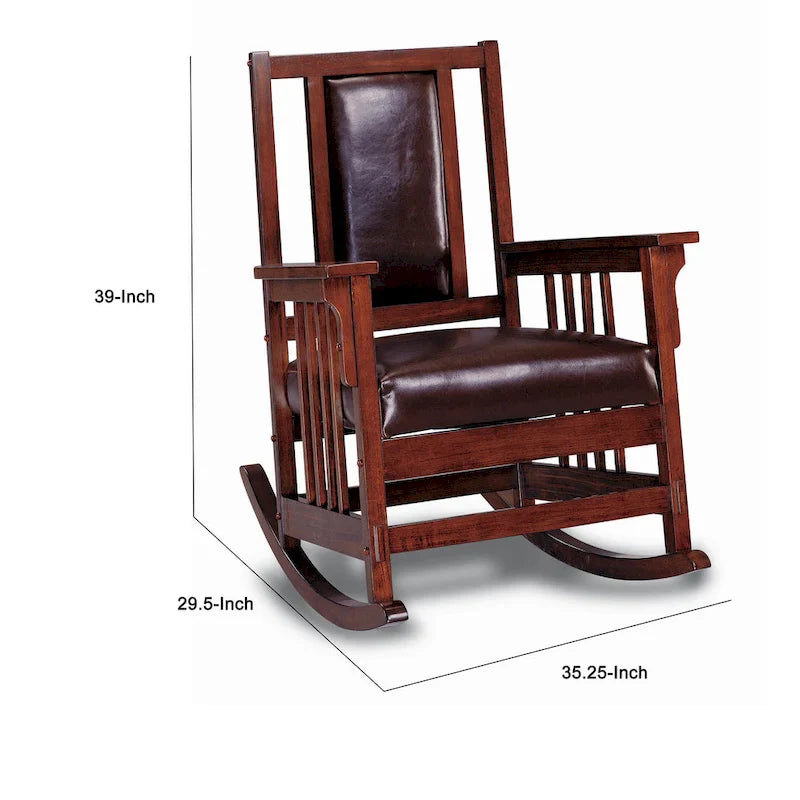 Fauteuil à bascule de style Mission, assise et dossier en cuir, tabac et marron foncé