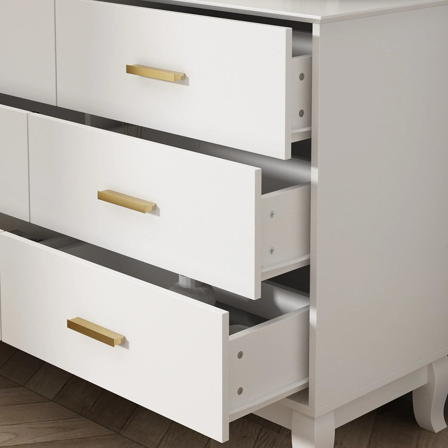 Commode double Timechee 6 tiroirs 47,2 po de largeur, pieds en bois massif, fini laqué