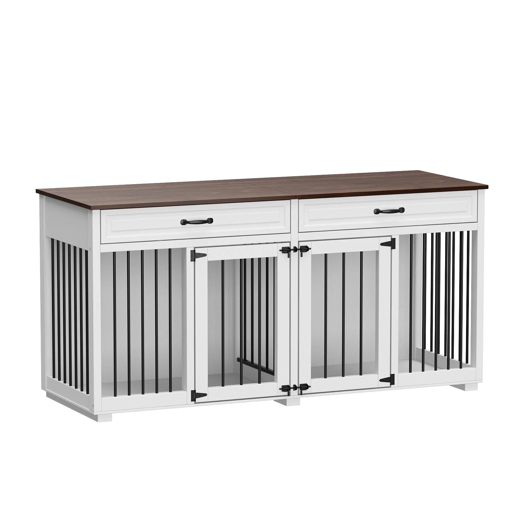 Meuble de chenil double en bois avec 2 tiroirs et séparateur