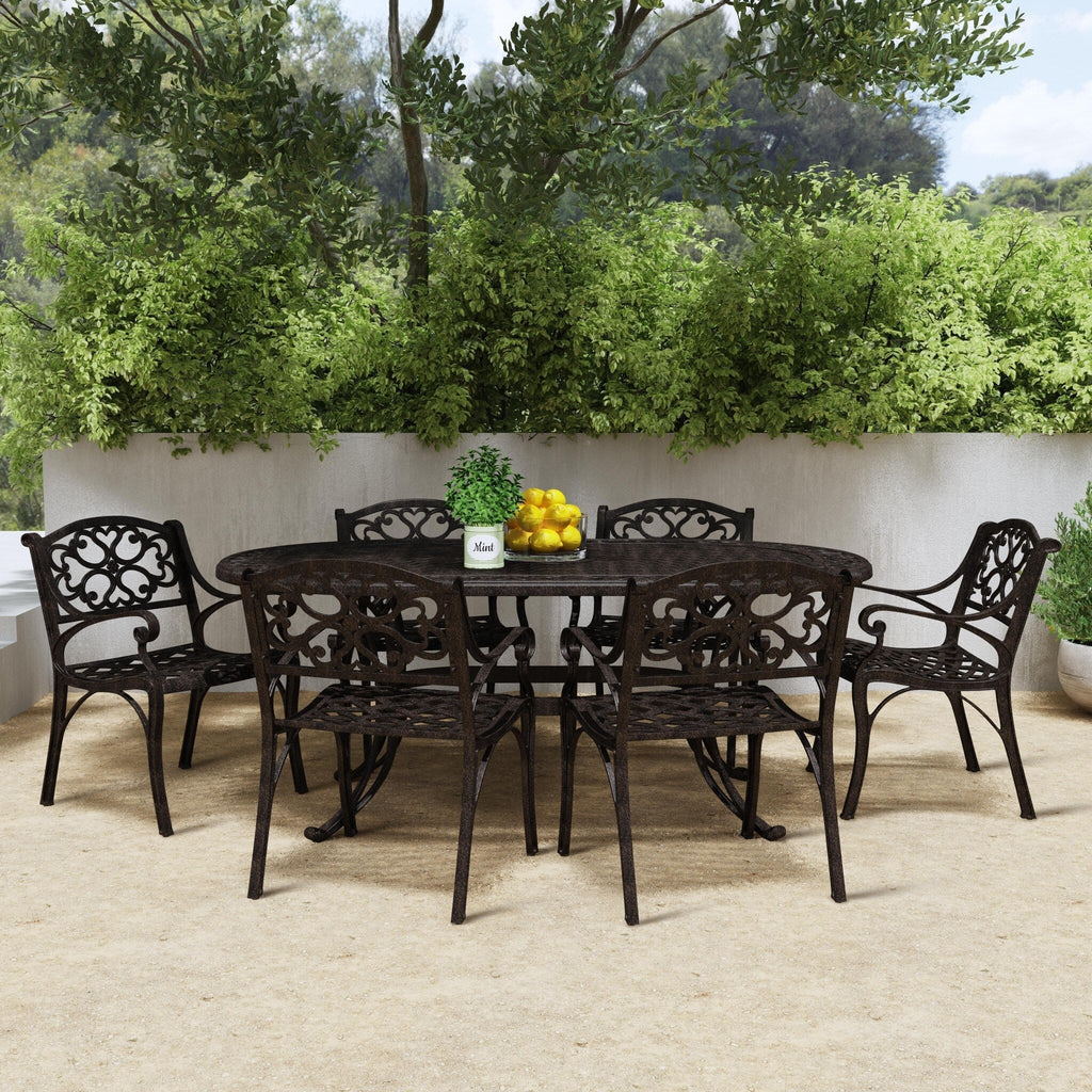 Ensemble de salle à manger d'extérieur 7 pièces en aluminium bronze Sanibel avec table à manger ovale de 72 et six fauteuils par Homestyles
