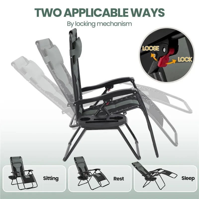 Yaheetech Lot de 2 chaises longues de jardin/camping zéro gravité rembourrées 66 cm avec accoudoirs et oreiller