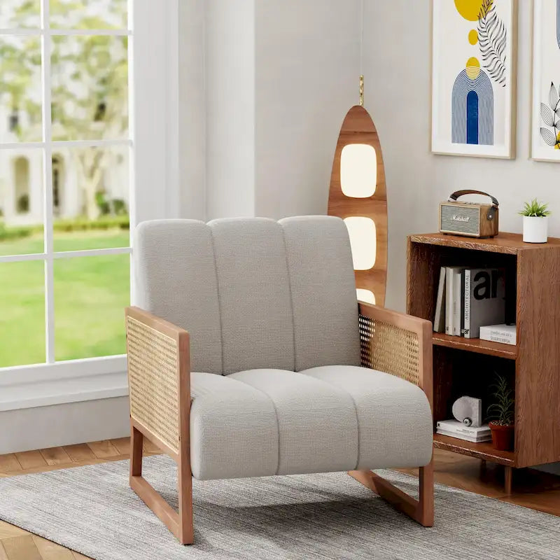 Fauteuils d'appoint en rotin, chaise en rotin naturel rembourrée, fauteuil en lin de style moderne du milieu du siècle, chaises d'appoint pour salon et chambre