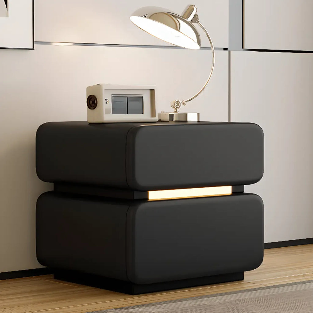 Table de chevet d'appoint moderne en cuir noir avec 2 tiroirs