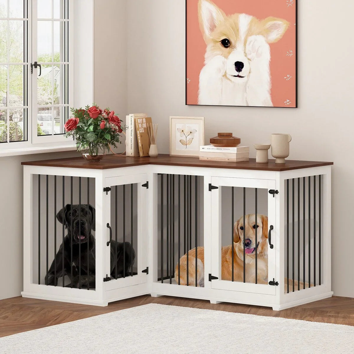 Grand meuble de caisse d'angle pour 2 chiens, cage pour chien en forme de L - 58,7X41,1