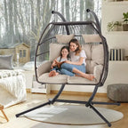 Balancelle extérieure à deux places avec support, chaise suspendue pliable, coussin de hamac et auvent, chaise double en forme d'œuf - Beige
