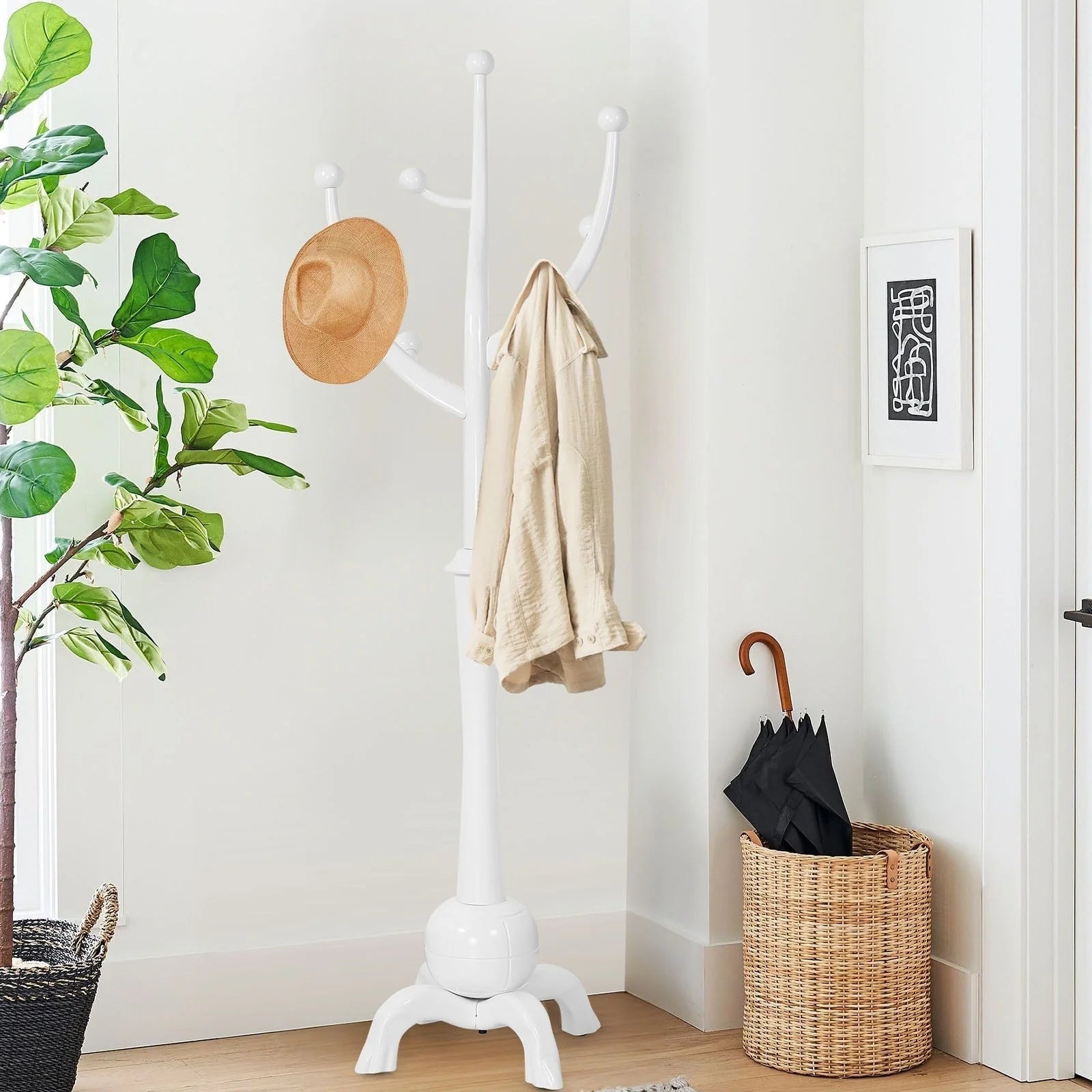 Porte-manteau sur pied en bois d'hévéa à motif de branches d'arbre avec 8 crochets - 24,5 l x 70,87 h