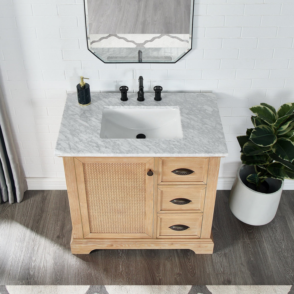 Meuble sous-vasque Hervas avec plateau en marbre naturel, sans miroir