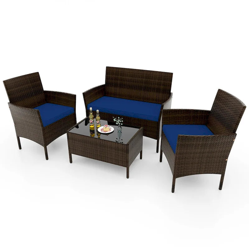 Costway Ensemble de Meubles de Jardin 4 Pièces avec Coussins Lavables et Verre Trempé - Voir les Détails