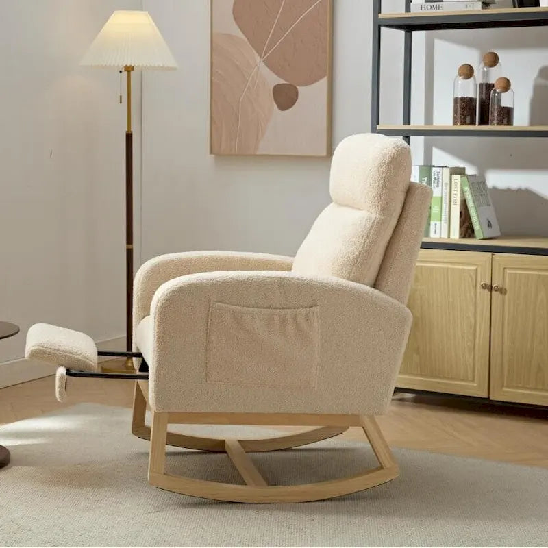 Fauteuil à bascule rembourré moderne de 75 cm de hauteur avec dossier haut, pieds en bois massif et repose-pieds réglable