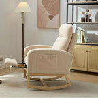 Fauteuil à bascule rembourré moderne de 75 cm de hauteur avec dossier haut, pieds en bois massif et repose-pieds réglable