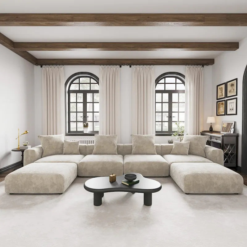 Grand canapé modulaire sectionnel en velours côtelé, en forme de U, 4 places avec 2 poufs et 5 oreillers