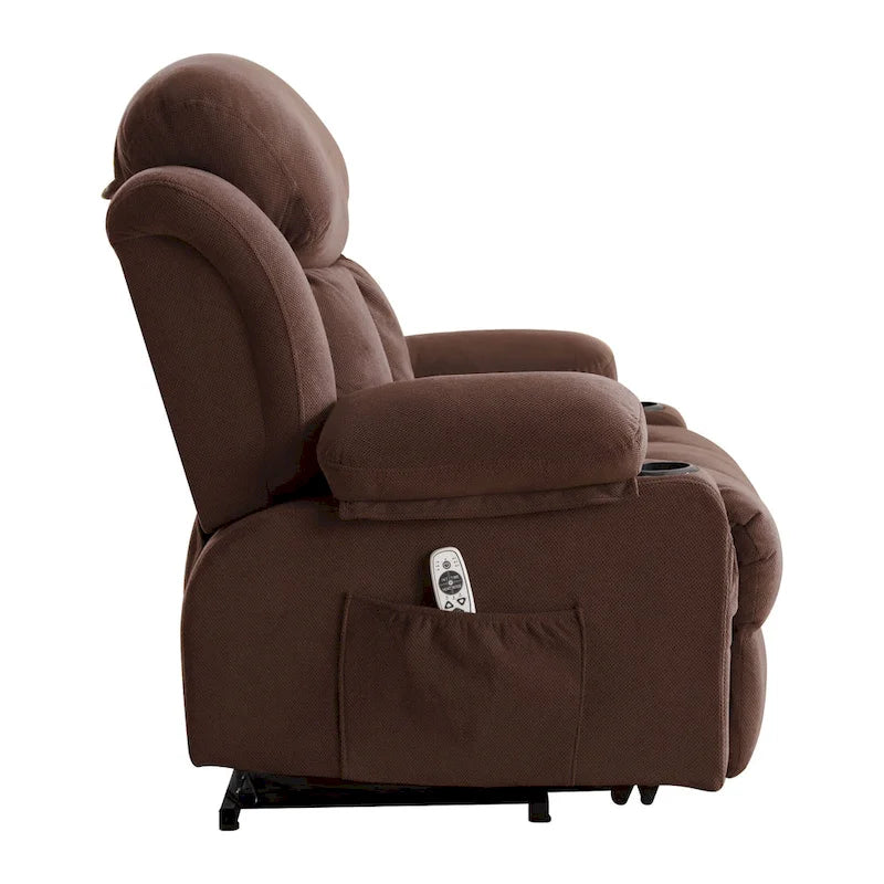 Fauteuil inclinable électrique gris avec massage chauffant, chargement USB, télécommande et poches latérales pratiques pour les personnes âgées