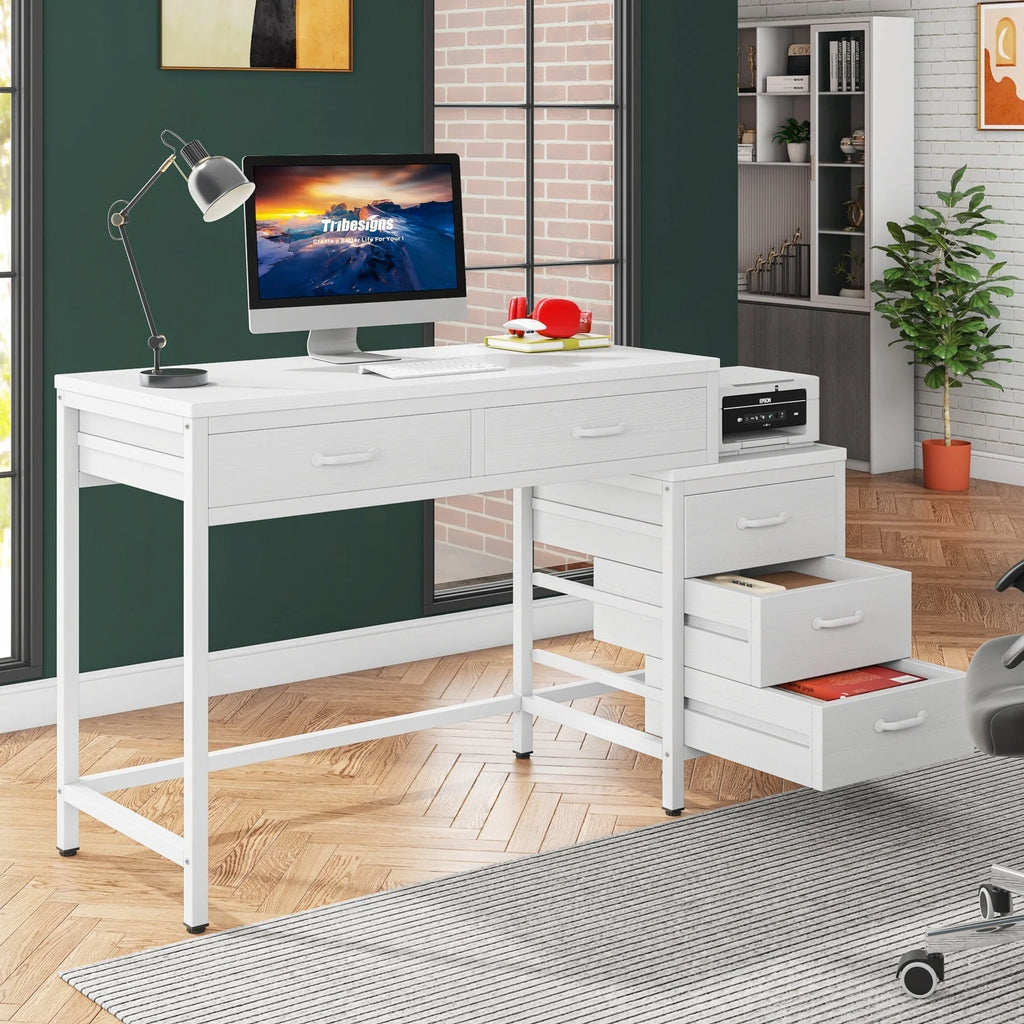 Bureau réversible avec 5 tiroirs, Bureau d'ordinateur de maison avec tiroir classeur et support d'imprimante