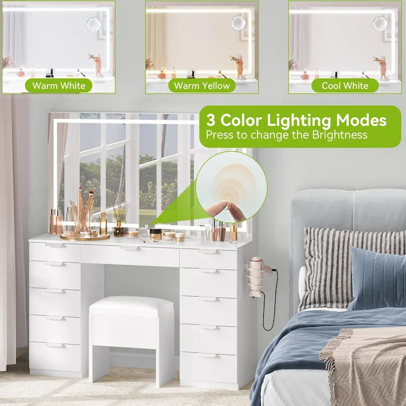 Moasis 46 Coiffeuse avec prise intégrée, miroir éclairé et support pour sèche-cheveux – 55,8 H x 46 L x 11,7 P