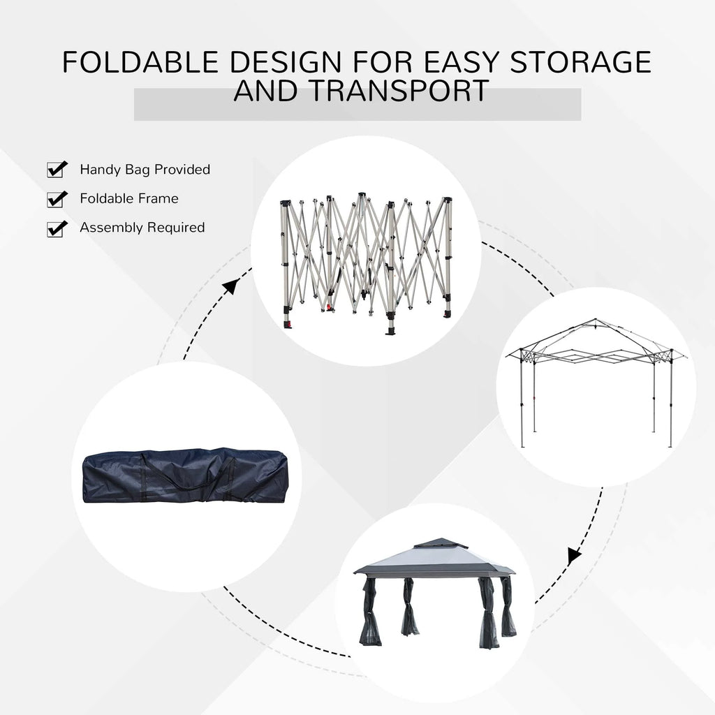 Outsunny 12 x 12 Tonnelle escamotable Pare-soleil Tente instantanée pliable avec filet latéral en maille, Hauteur réglable sur 3 niveaux