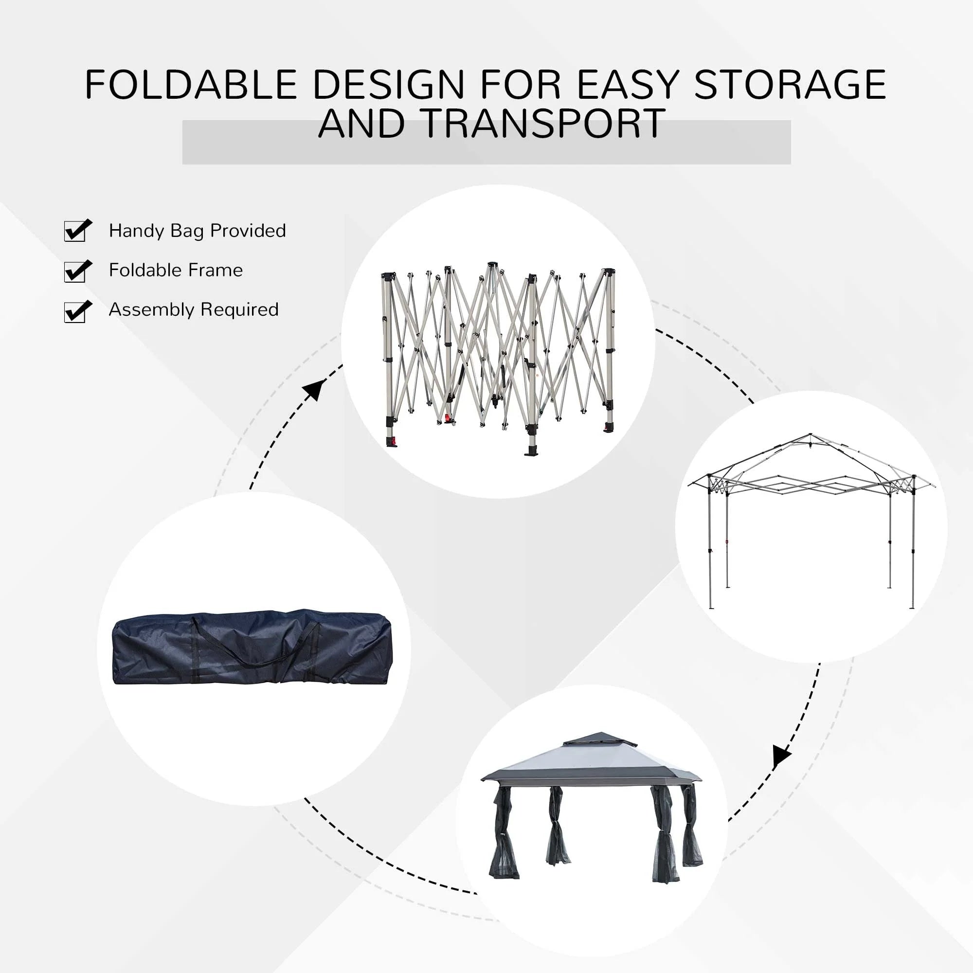 Outsunny 12 x 12 Tonnelle escamotable Pare-soleil Tente instantanée pliable avec filet latéral en maille, Hauteur réglable sur 3 niveaux