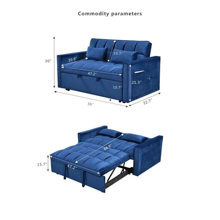 Causeuse futon moderne en velours avec dossier inclinable et poches, 2 places — Gris foncé / Gris clair / Bleu / Noir