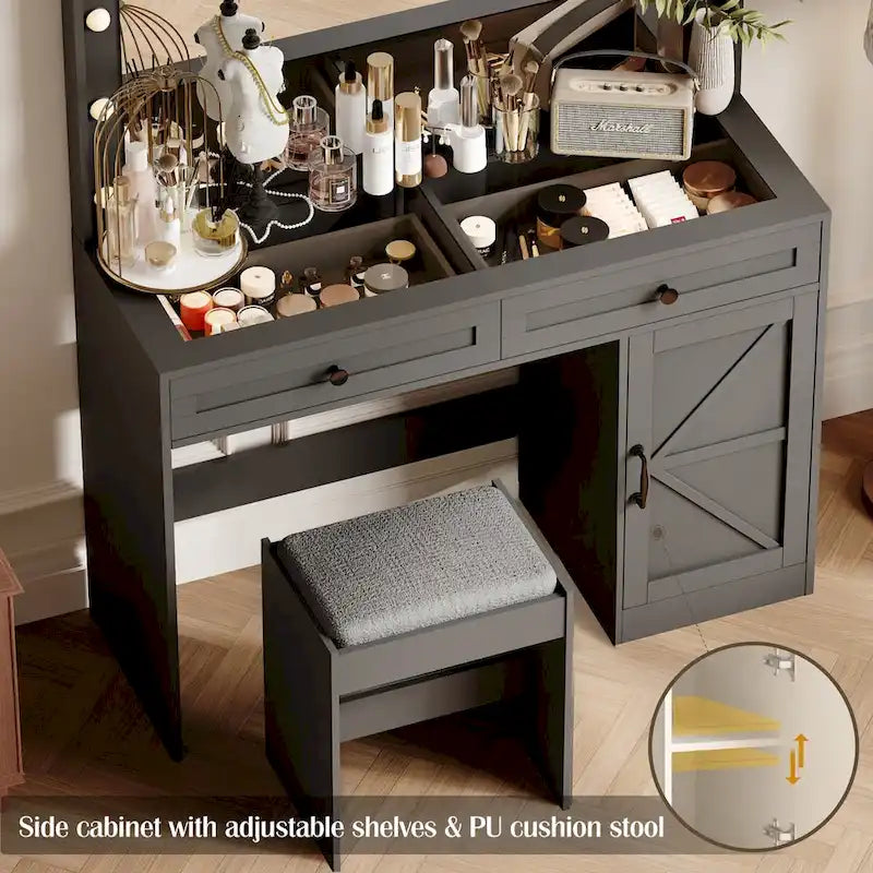 Coiffeuse de ferme Roomfitters avec lumières, coiffeuse avec porte coulissante, table de maquillage à 2 tiroirs avec miroir éclairé