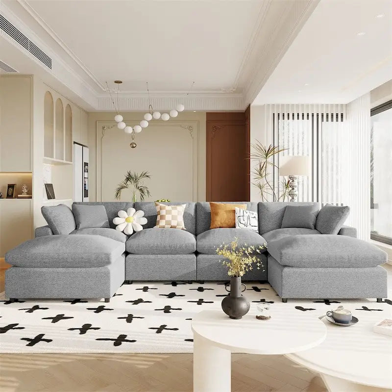Canapé d'angle moderne en U avec 2 grandes méridiennes et poufs amovibles