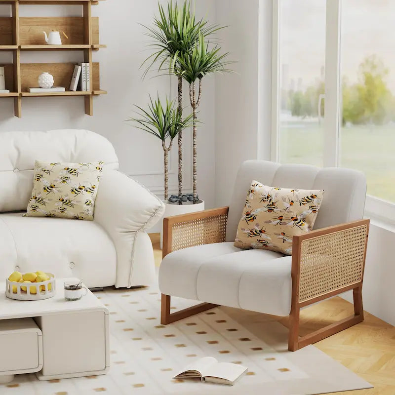 Fauteuils d'appoint en rotin, chaise en rotin naturel rembourrée, fauteuil en lin de style moderne du milieu du siècle, chaises d'appoint pour salon et chambre