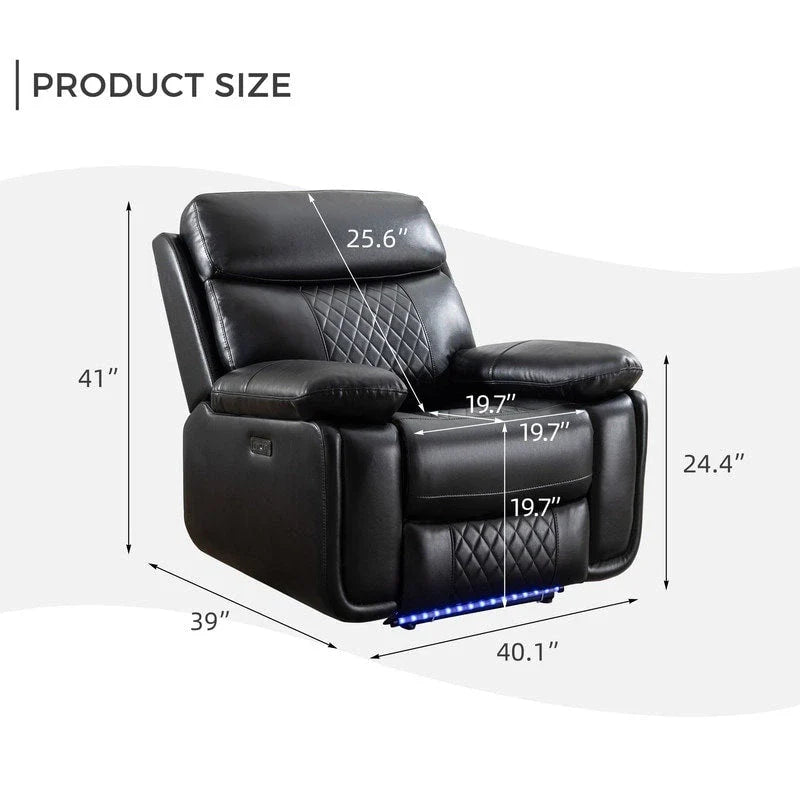 Canapé inclinable électrique avec chargeur sans fil, liseuse, lumière LED pour salon, similicuir, port AC/USB, porte-gobelet, noir