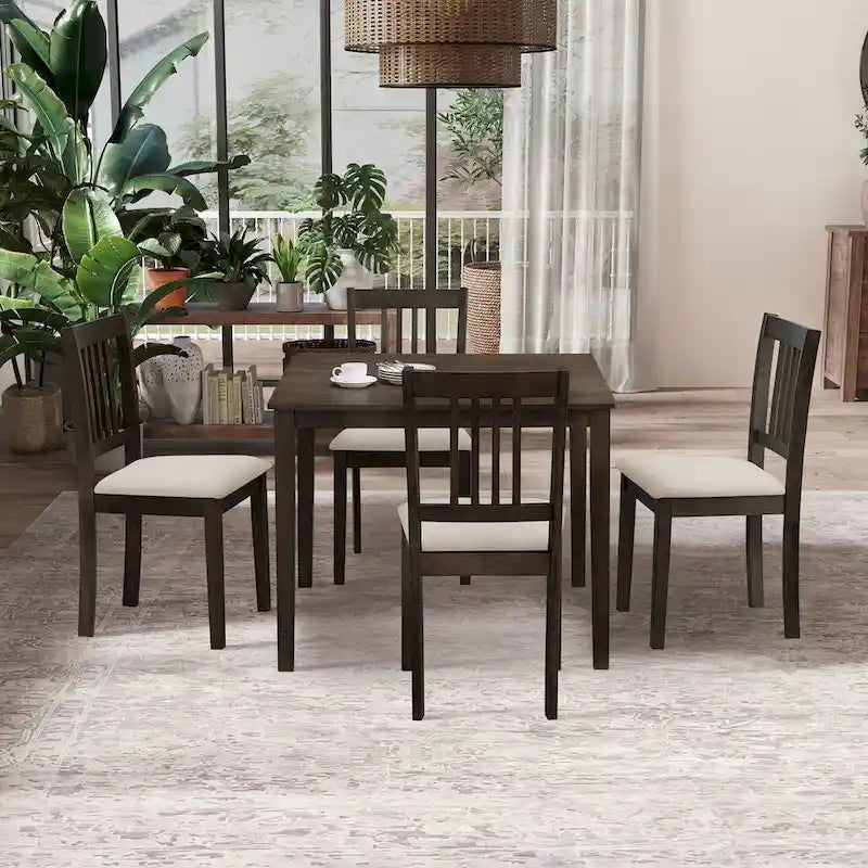 Ensemble Table et Chaises de Salle à Manger Carrée en Bois, Table à Manger Décontractée avec 4 Chaises de Salle à Manger Rembourrées pour Coin Repas de Cuisine