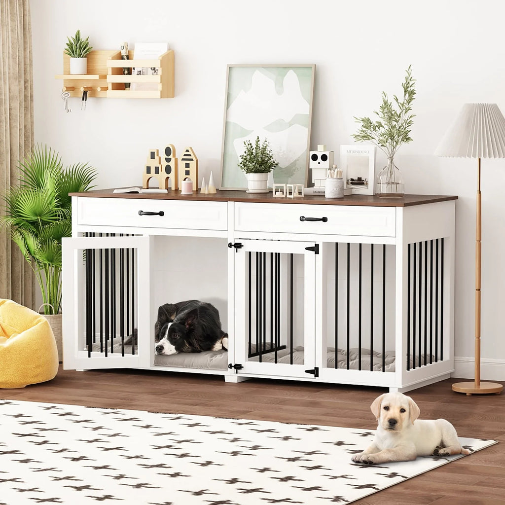 Meuble de chenil double en bois avec 2 tiroirs et séparateur