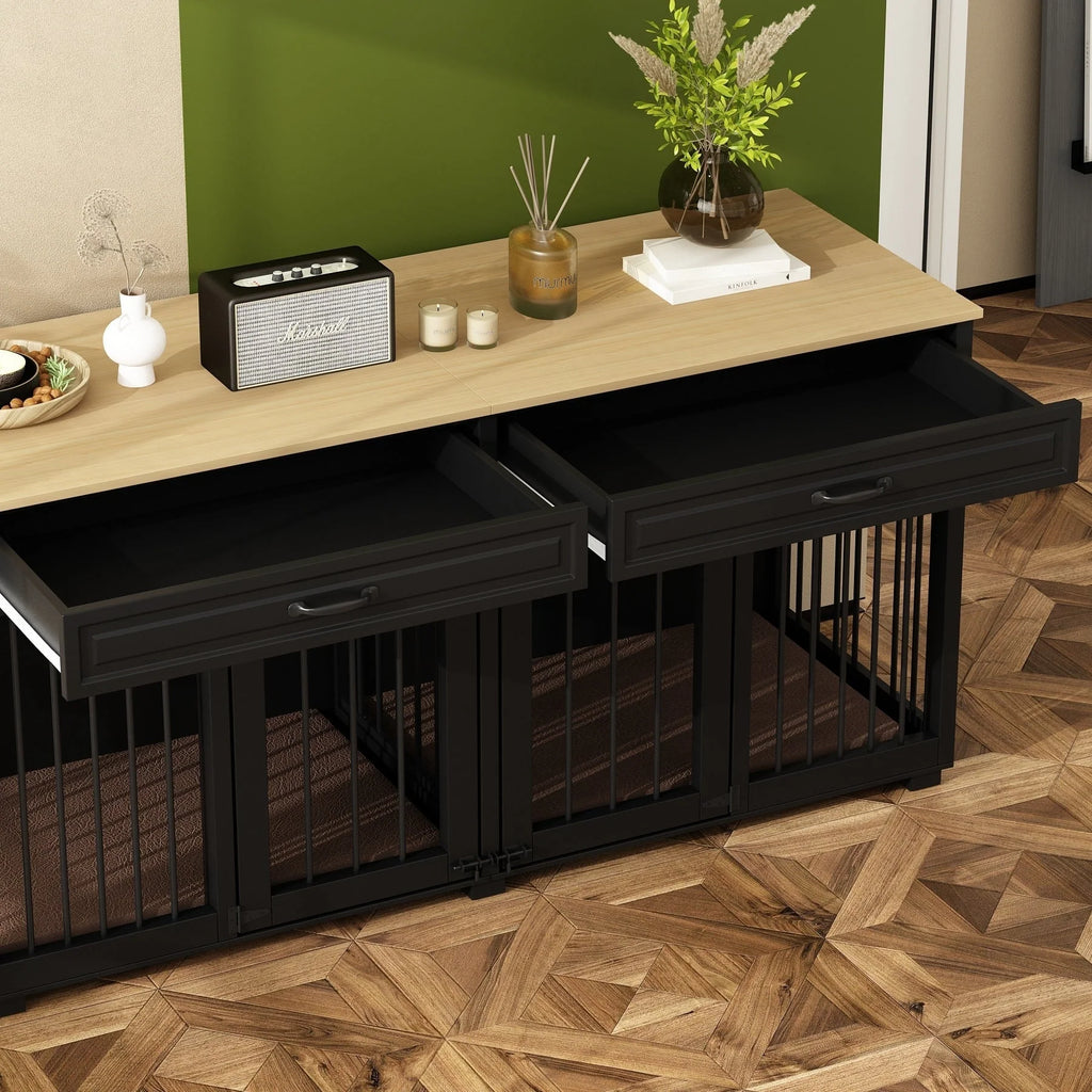 Meuble de chenil double en bois avec 2 tiroirs et séparateur