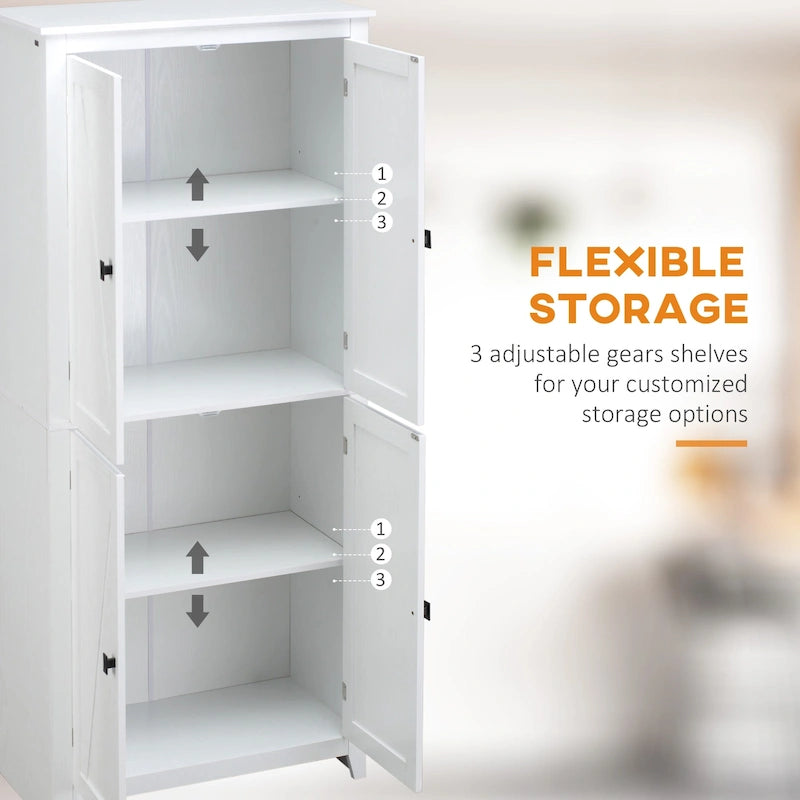 HOMCOM Grand garde-manger de cuisine autoportant de 183 cm, organisateur de rangement à 4 portes avec 4 niveaux et étagères réglables, blanc