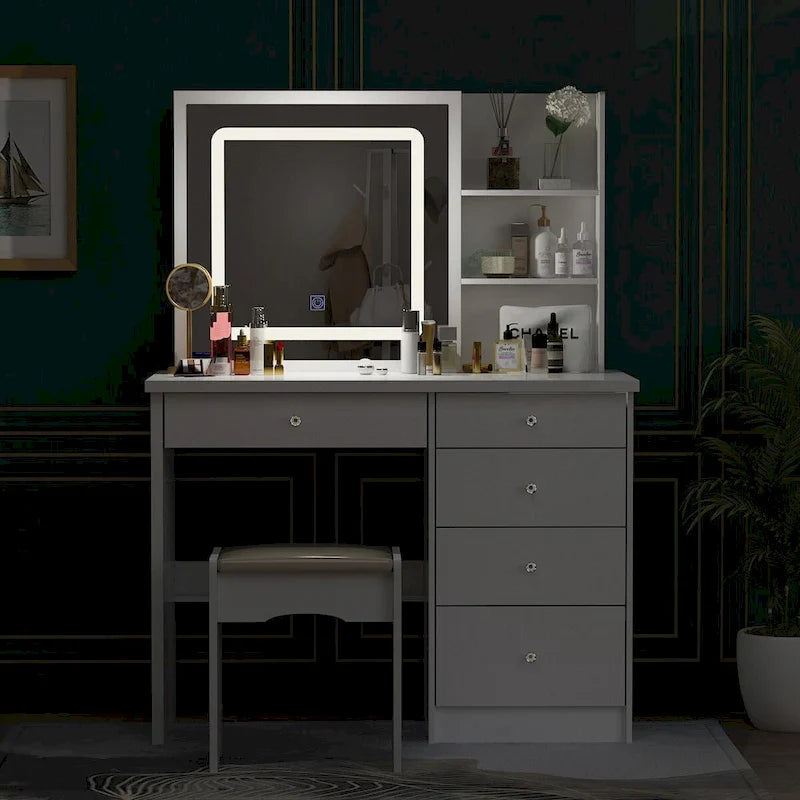 Coiffeuse Blanche avec Miroir LED et Tabouret - 100 cm de Large