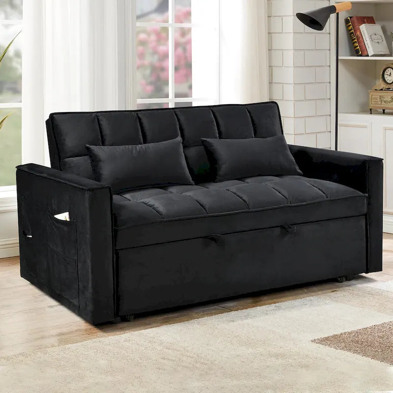 Causeuse futon moderne en velours avec dossier inclinable et poches, 2 places — Gris foncé / Gris clair / Bleu / Noir