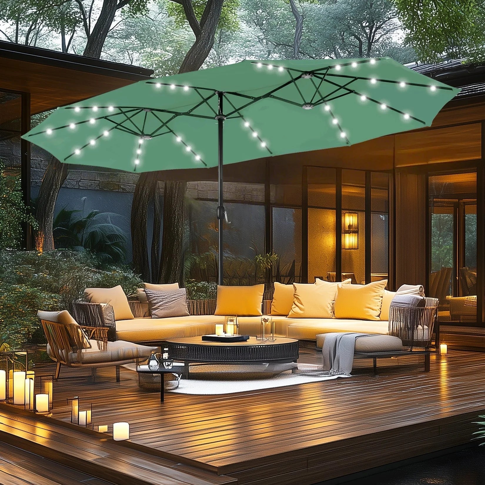 MAISON ARTS Parasol excentré rectangulaire de 4,5 m avec manivelle, parasol de marché double face d'extérieur avec lumières LED solaires et base incluse