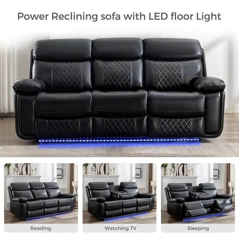 Canapé inclinable électrique avec chargeur sans fil, liseuse, lumière LED pour salon, similicuir, port AC/USB, porte-gobelet, noir